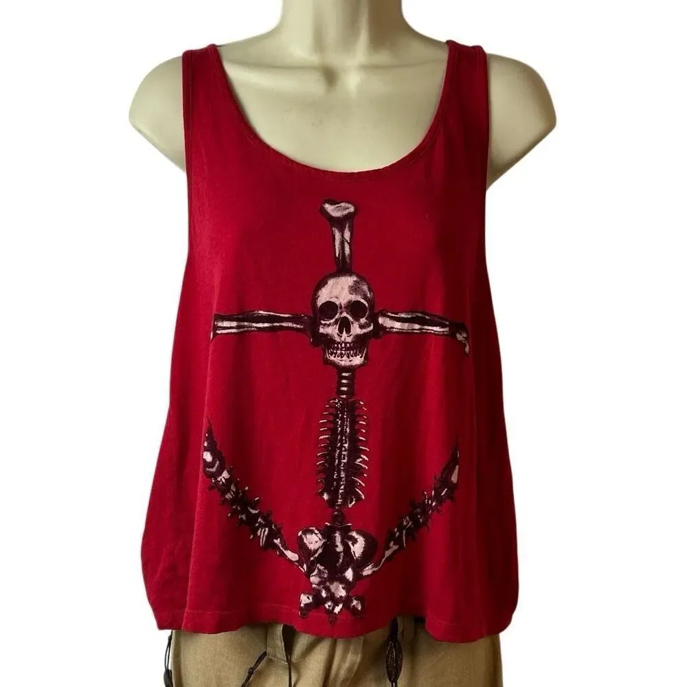 Y2K Hot Topic Indie Sleaze Red Skull Anchor Pirate Top SM